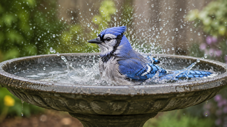 Illustration of a Blue Jay bathing in a sturdy pedestal birdbath