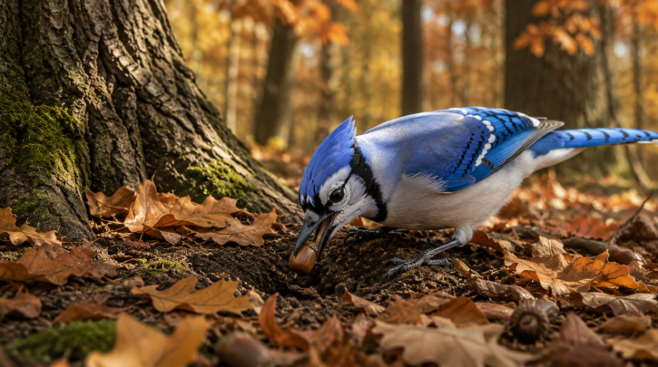 Illustration of a Blue Jay caching an acorn, part of its role in oak forest dispersal