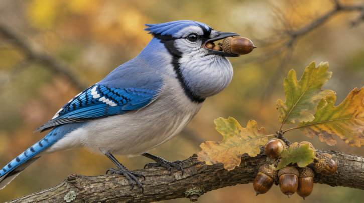 Illustration of a Blue Jay carrying acorns in its expandable throat pouch