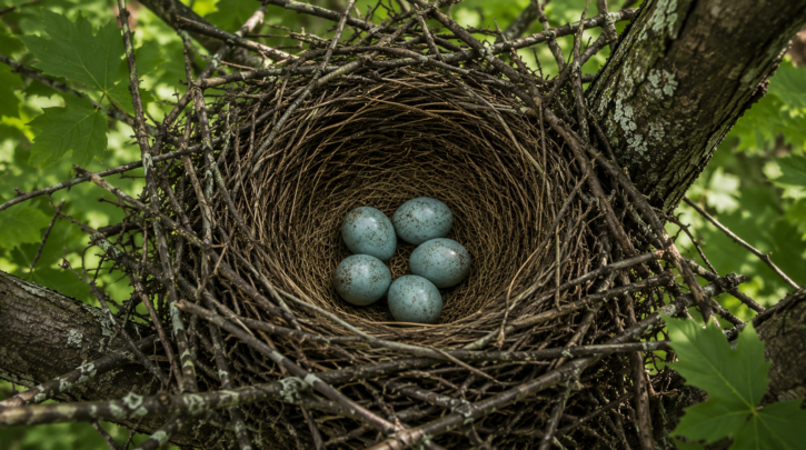Illustration of speckled Blue Jay eggs in a stick nest