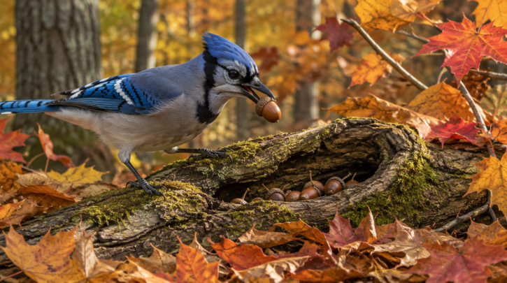 Illustration of a Blue Jay caching acorns during peak fall season