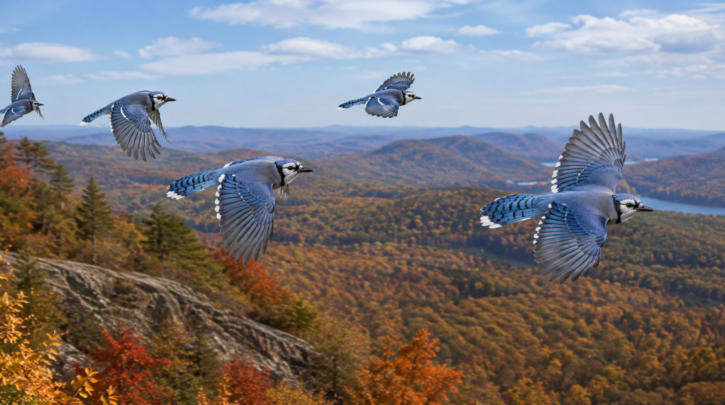 Illustration of a daytime flock of migrating Blue Jays in fall