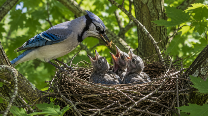 Illustration of a Blue Jay feeding chicks at the nest in summer