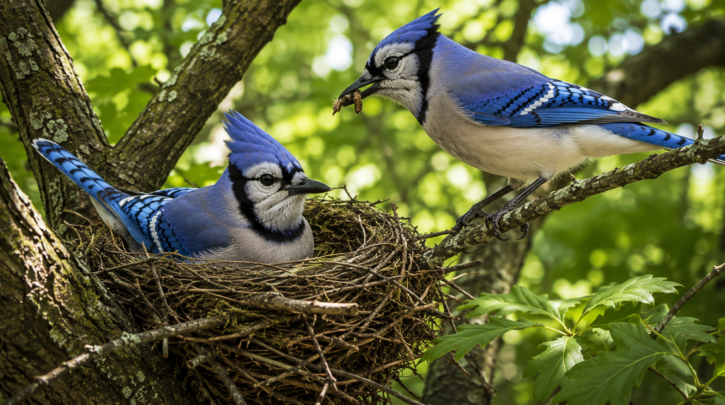 Illustration of a Blue Jay pair, one incubating while the other brings food