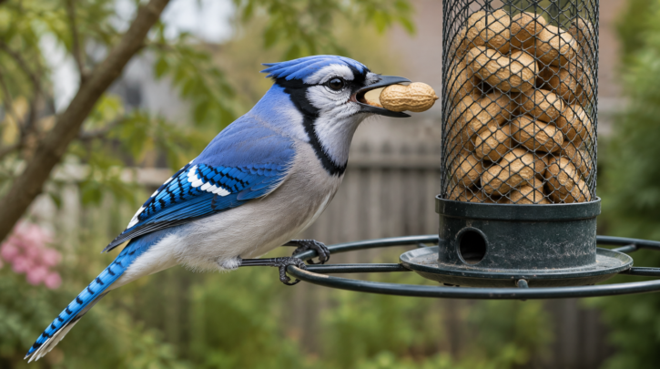 Illustration of a Blue Jay taking a peanut from a feeder