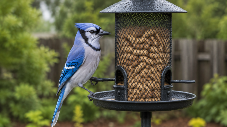 Illustration of a Blue Jay at a sturdy metal peanut and nut feeder