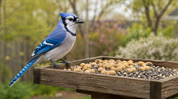 Illustration of a Blue Jay perched on a sturdy platform feeder