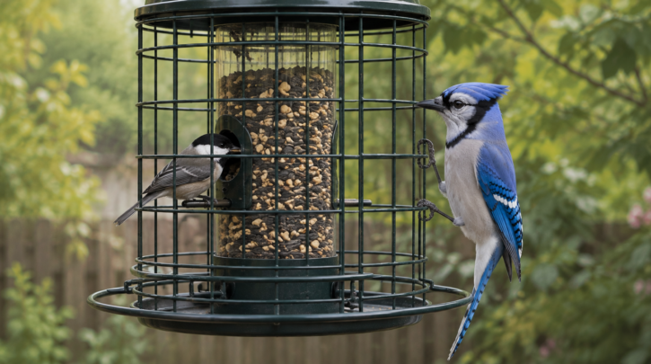 Illustration of a jay-proof caged feeder excluding a Blue Jay while a smaller bird feeds inside