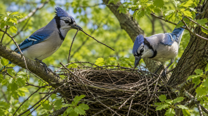 Illustration of a Blue Jay pair building their nest together in spring