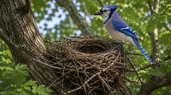 Illustration of a Blue Jay's open stick nest high in a tree