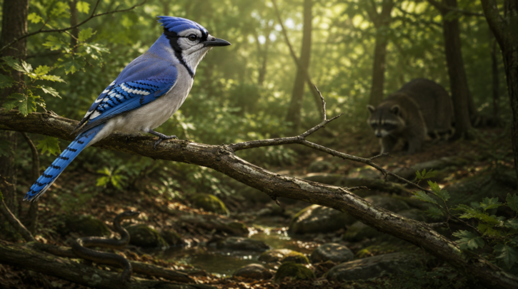 Illustration contrasting a Blue Jay with the more significant nest predators, snakes and mammals