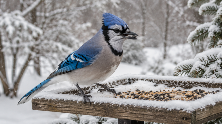 Illustration of a Blue Jay at a winter feeder in the snow