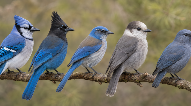Illustration comparing five North American jay species: Blue Jay, Steller's Jay, California Scrub-Jay, Canada Jay, and Pinyon Jay