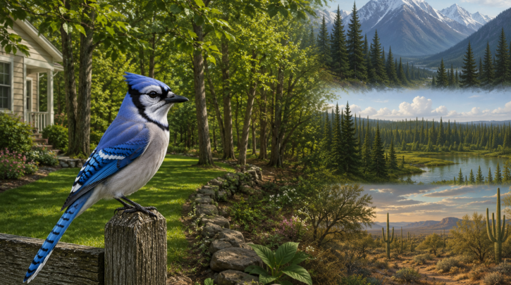 Illustration of a Blue Jay at the edge of its varied woodland and suburban habitat