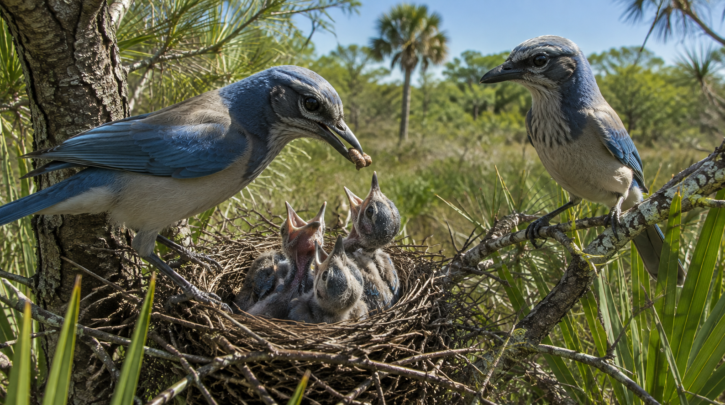 Illustration of a Florida Scrub-Jay family group with a helper bird assisting at the nest